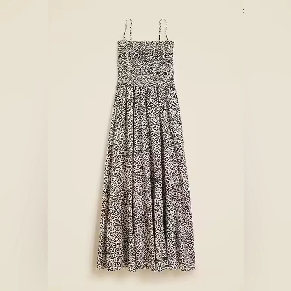 J Crew Smocked Maxi Dress NWT Cotton Voile Black Brown Leopard Print XL